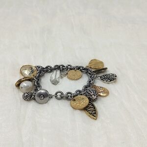 Gold silver brass mixed media bauble silver tone chain bracelet w/magnetic clasp